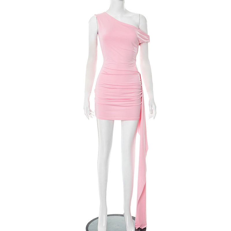 Women's Diagonal Collar Hollow Ribbon Hip Bag Dress