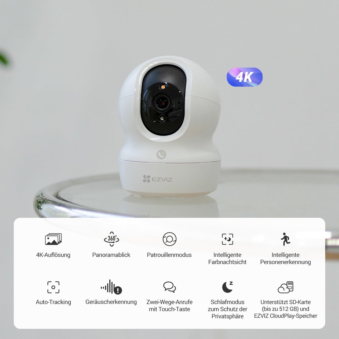 EZVIZ 2K WLAN Indoor Surveillance Camera, 360º PTZ Indoor Camera with Person Detection and Tracking, Coloured Night Vision, Noise Detection, Two-Way Audio, Auto Cruser, CP1 Pro