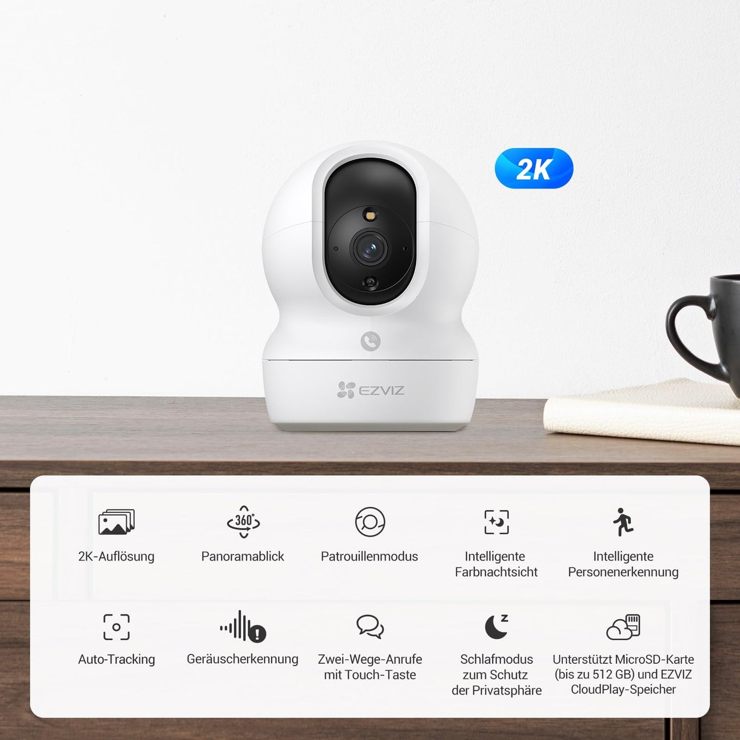 EZVIZ 2K WLAN Indoor Surveillance Camera, 360º PTZ Indoor Camera with Person Detection and Tracking, Coloured Night Vision, Noise Detection, Two-Way Audio, Auto Cruser, CP1 Pro