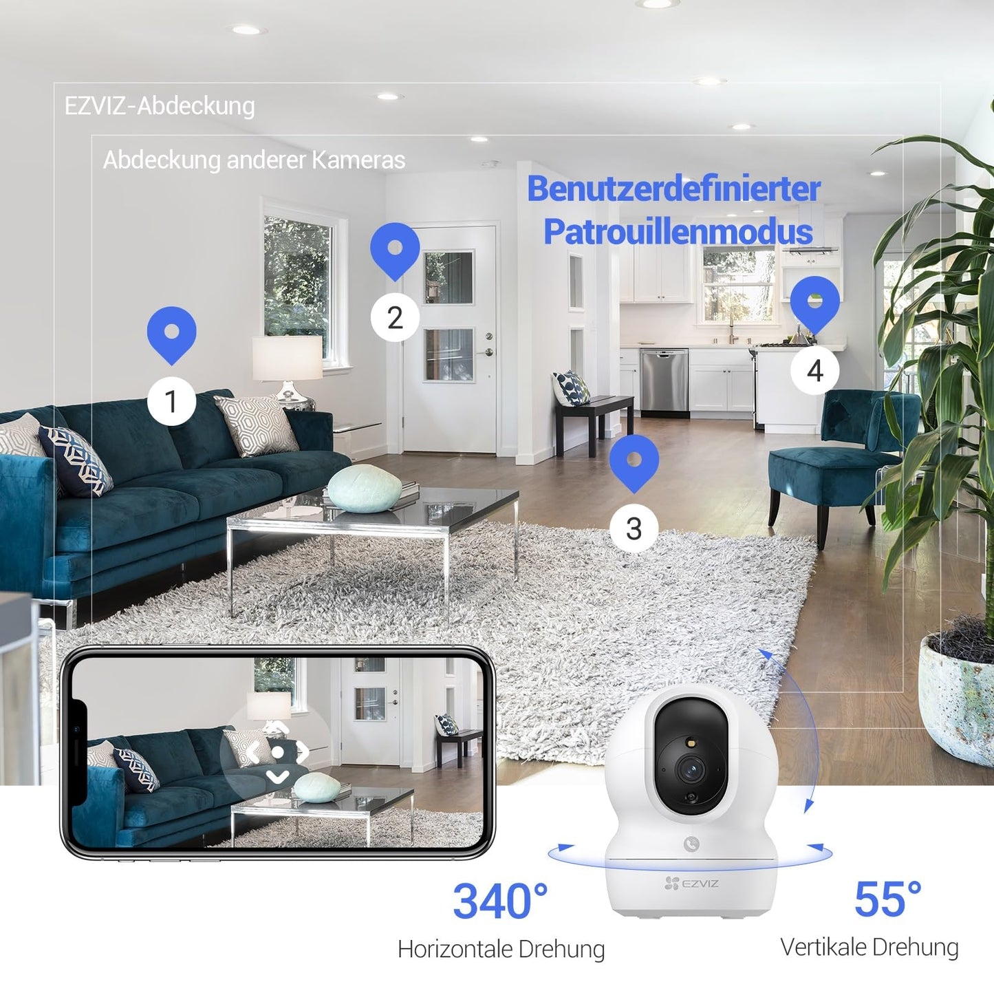 EZVIZ 2K WLAN Indoor Surveillance Camera, 360º PTZ Indoor Camera with Person Detection and Tracking, Coloured Night Vision, Noise Detection, Two-Way Audio, Auto Cruser, CP1 Pro